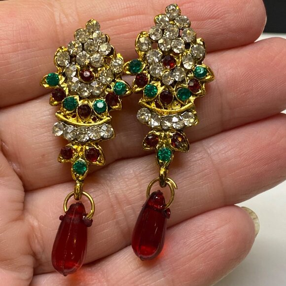 Christmas Color Earrings Pierced Post Dangle Drop Rhinestone Holiday Wear - Picture 10 of 10
